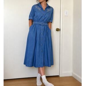 Vtg Willi of California Denim Blue Western Embroidered Belted Midi Dress USA-M